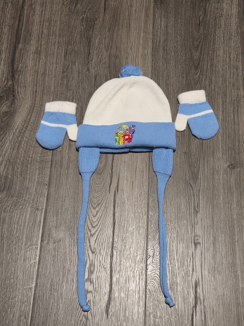 Vintage Y2K Teletubbies Embroidered Toddler Hat & Glove Set Blue White Ear Flaps